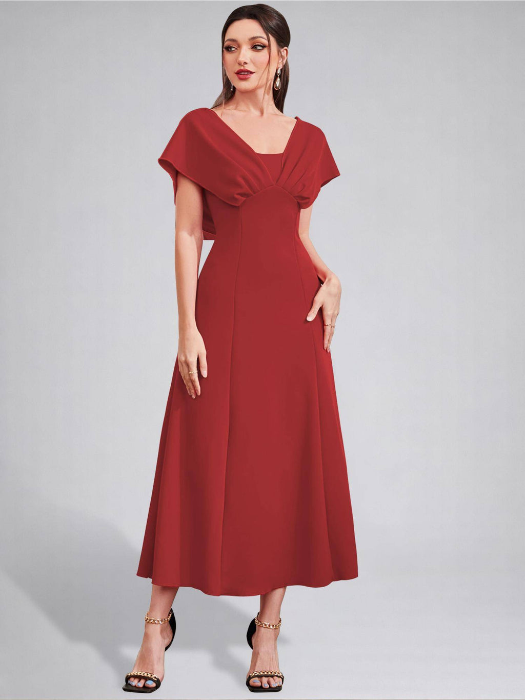 Womens V-Neck Pleated Bodice Aqua Solid A-Line Maxi Dress | D56 - view 29