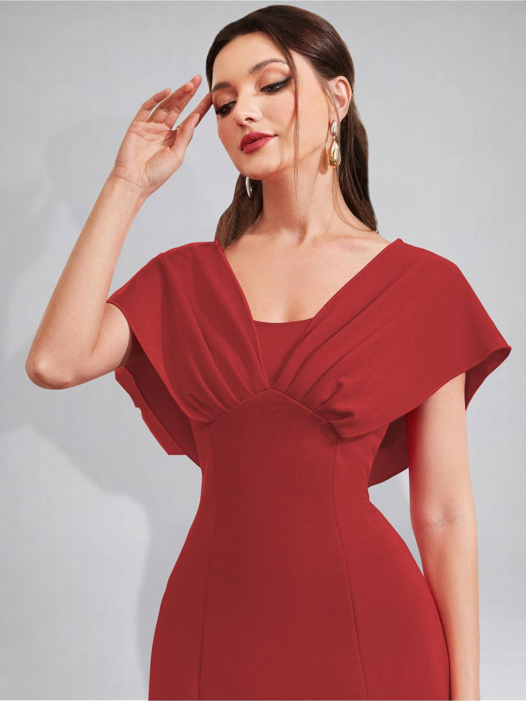 Womens V-Neck Pleated Bodice Aqua Solid A-Line Maxi Dress | D56 - view 30