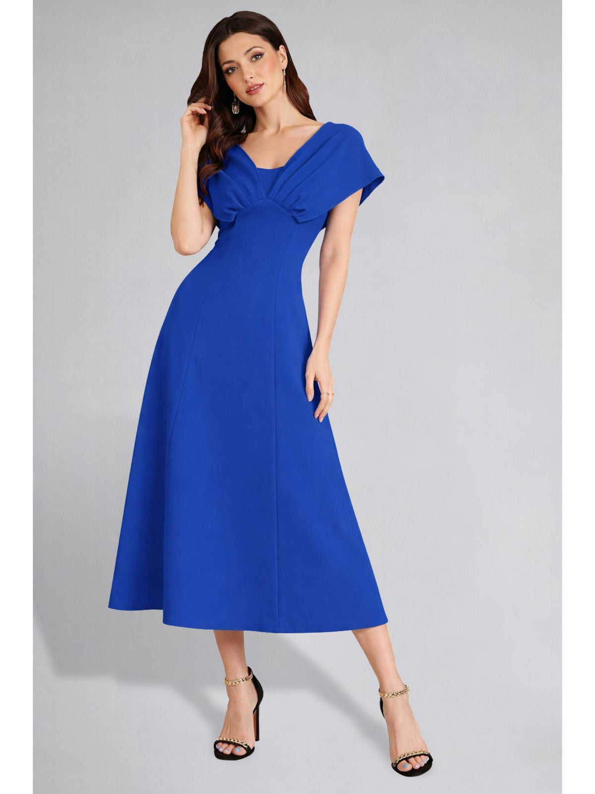 Womens V-Neck Pleated Bodice Royal Blue A-Line Maxi Dress | D56 - view 1
