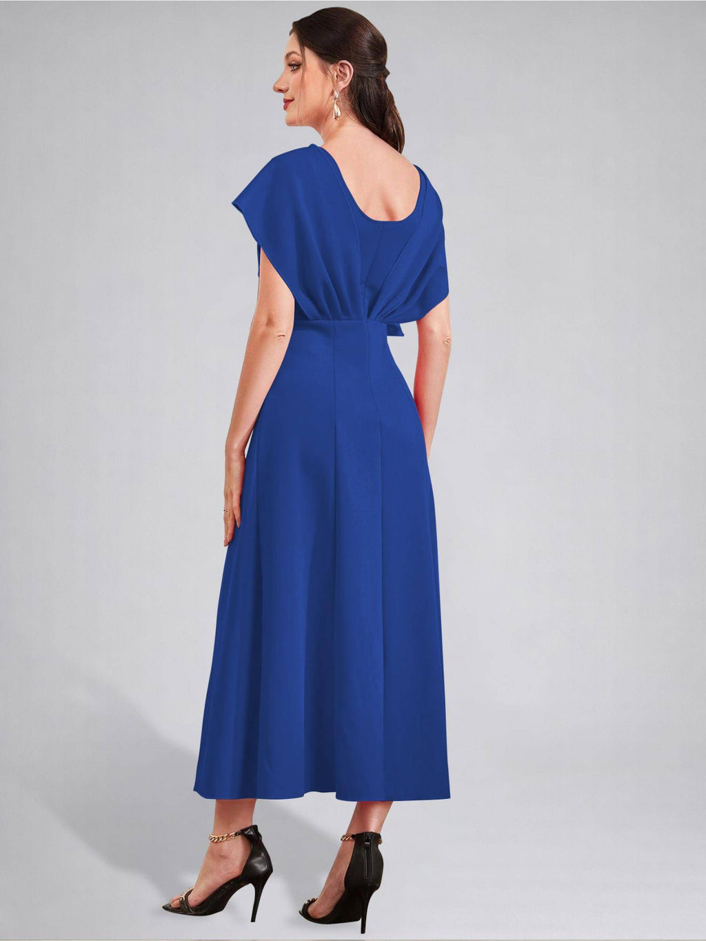Womens V-Neck Pleated Bodice Black Solid A-Line Maxi Dress | D56 - view 26