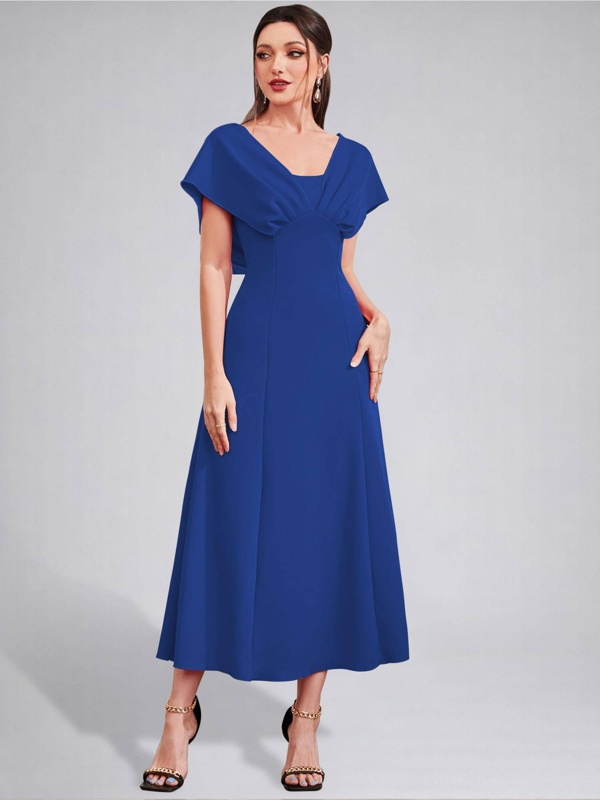 Womens V-Neck Pleated Bodice Royal Blue A-Line Maxi Dress | D56 - view 5