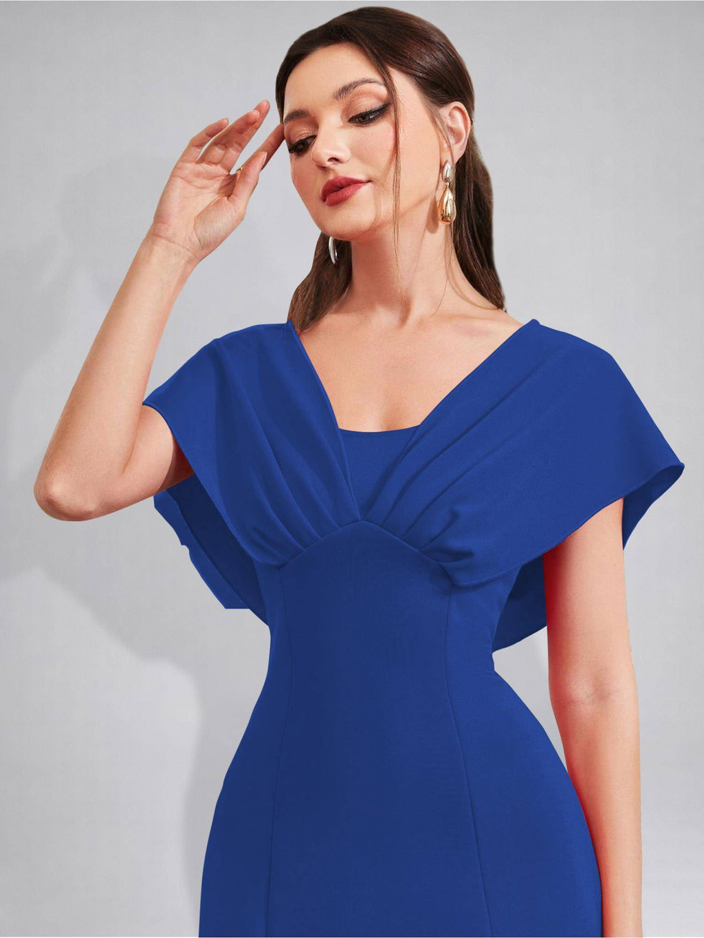 Womens V-Neck Pleated Bodice Black Solid A-Line Maxi Dress | D56 - view 30