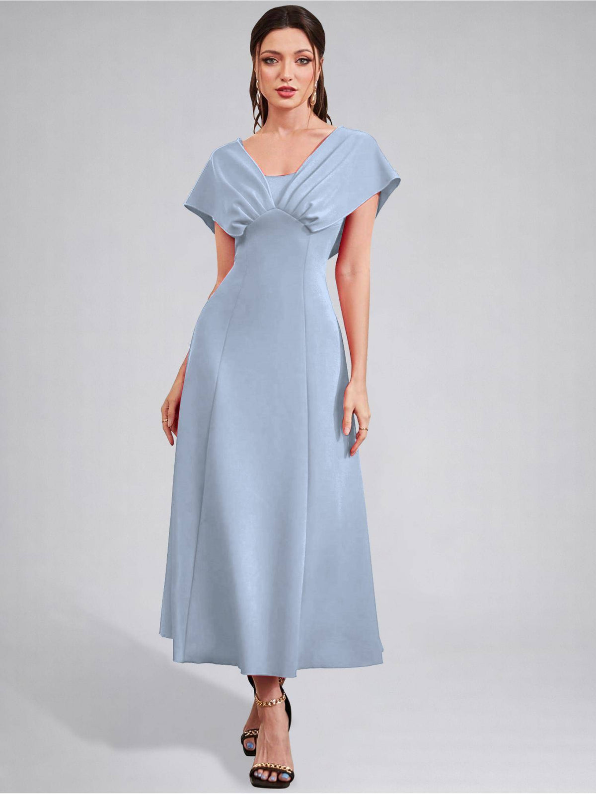 Womens V-Neck Pleated Bodice Aqua Solid A-Line Maxi Dress | D56 - view 3