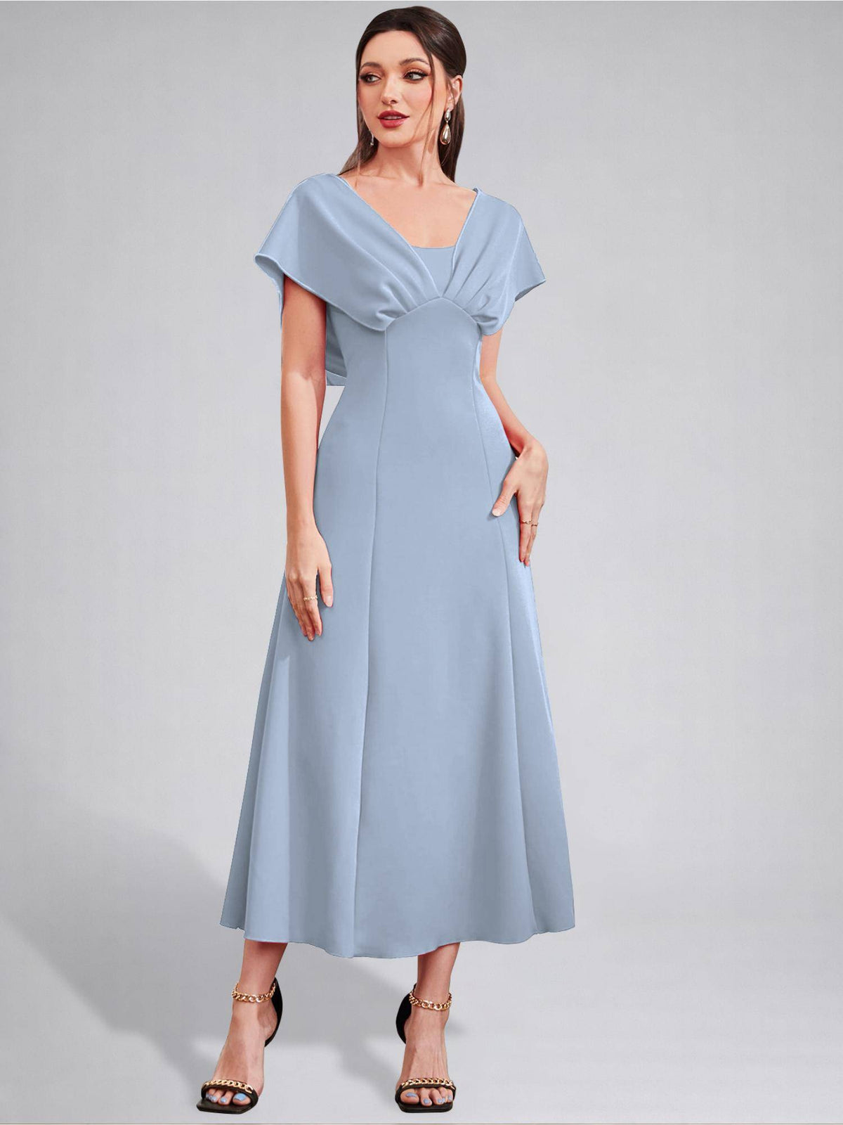 Womens V-Neck Pleated Bodice Aqua Solid A-Line Maxi Dress | D56 - view 5