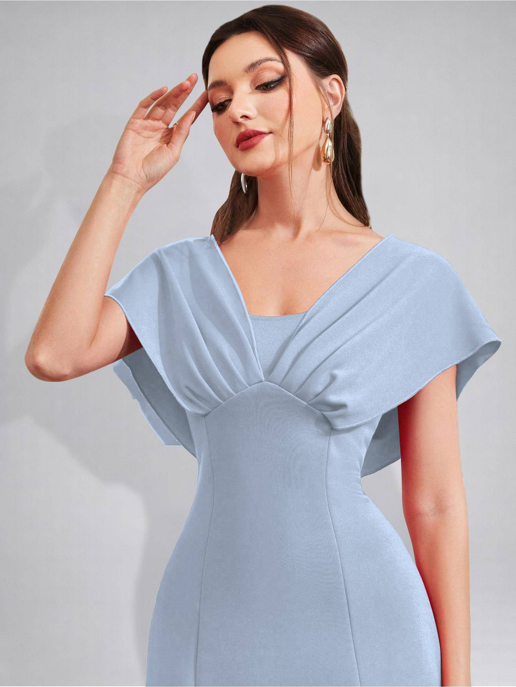 Womens V-Neck Pleated Bodice Aqua Solid A-Line Maxi Dress | D56 - view 6