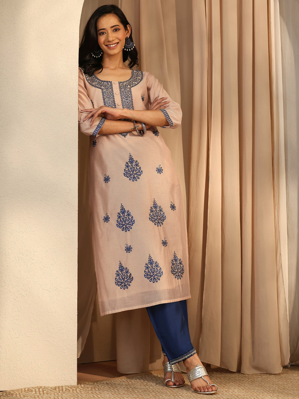 Libas Beige Embroidered Chanderi Silk Straight Kurta
