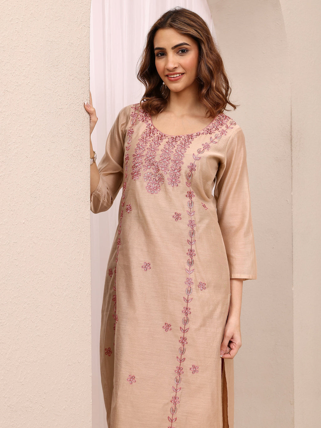 Libas Beige Embroidered Chanderi Silk Straight Kurta
