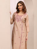 Libas Beige Embroidered Chanderi Silk Straight Kurta