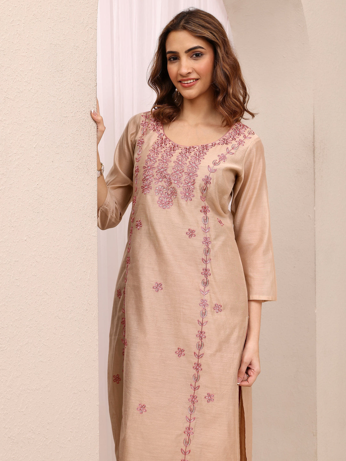 Libas Beige Embroidered Chanderi Silk Straight Kurta
