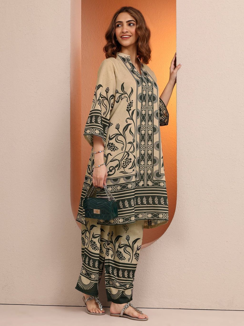 Libas Beige Printed Cotton Blend Co-Ord Sets CO87