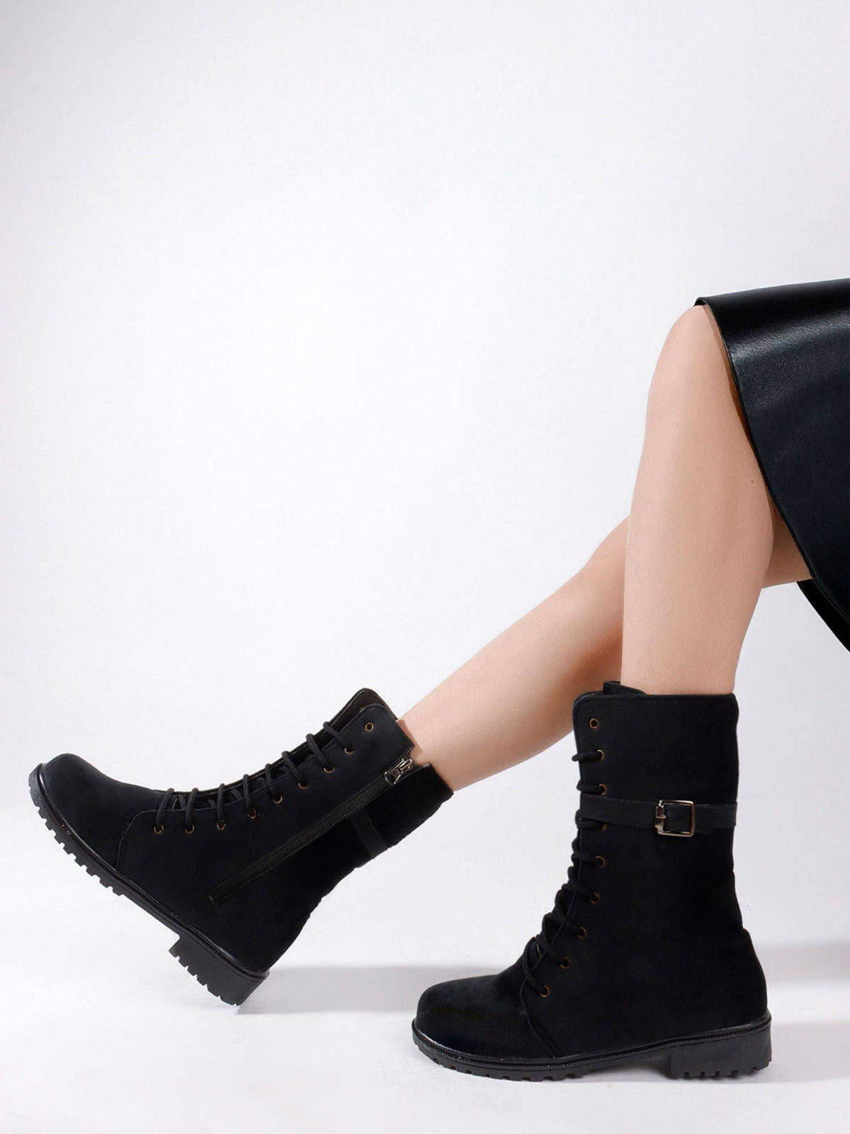 Black Ankle Boots for Women Buckle Detail Lace-Up Matte Finish | BT61 - view 1