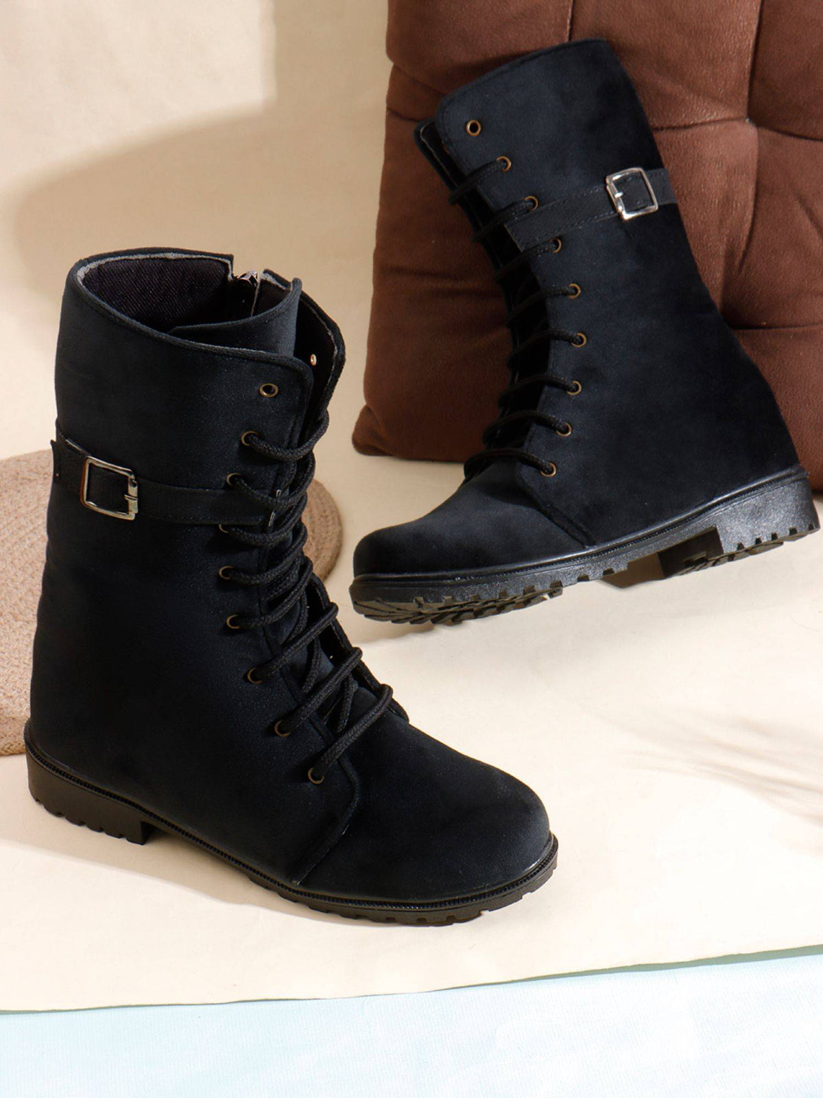 Black Ankle Boots for Women Buckle Detail Lace-Up Matte Finish | BT61 - view 2