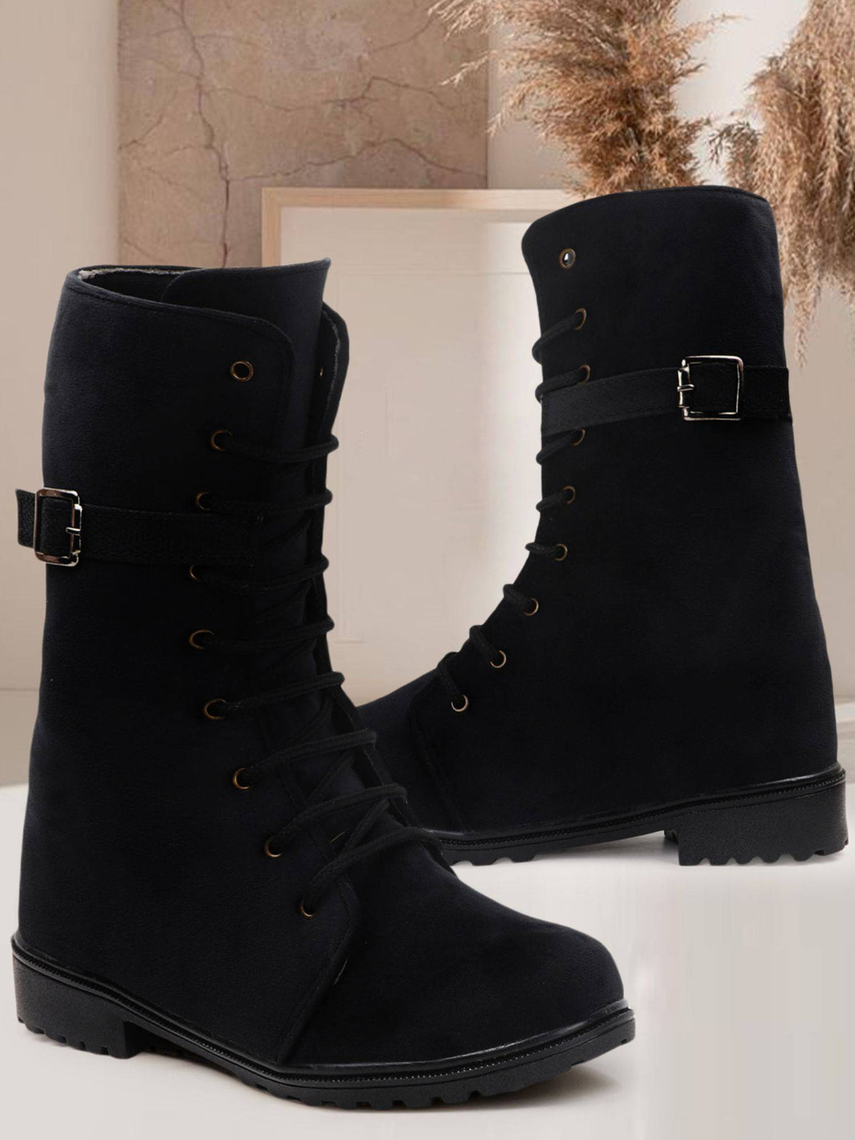 Black Ankle Boots for Women Buckle Detail Lace-Up Matte Finish | BT61 - view 3