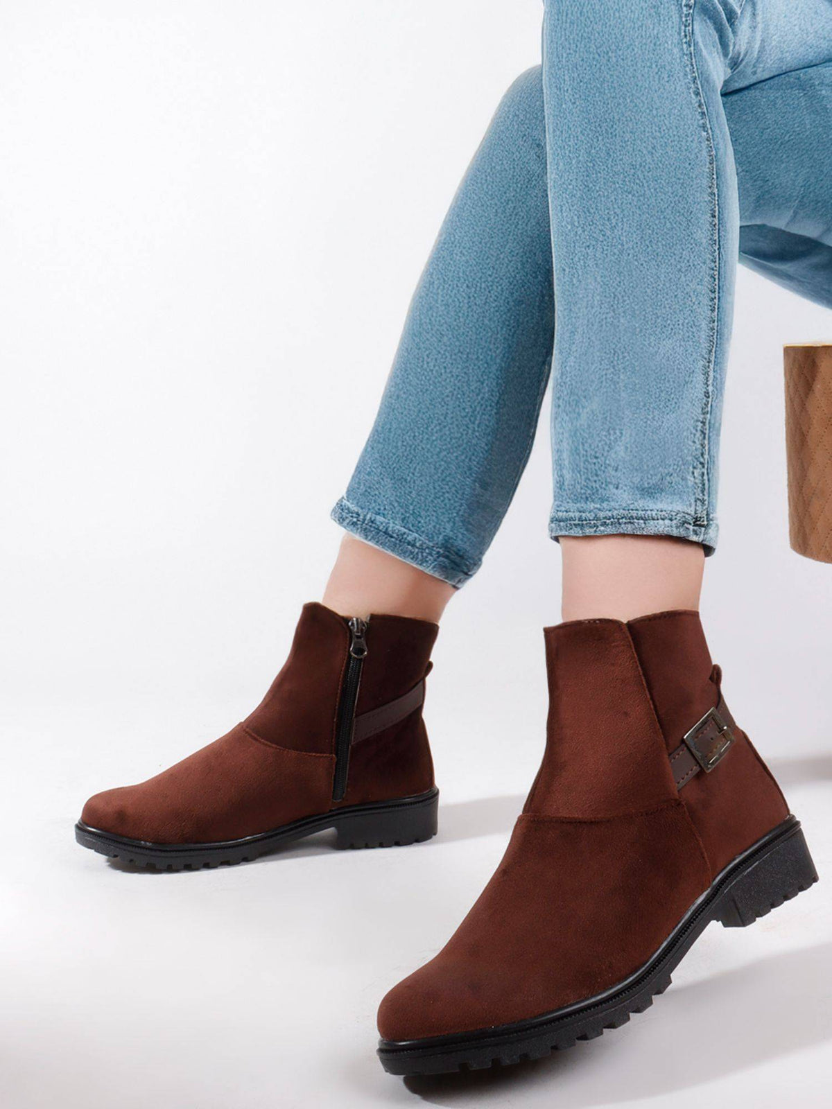Brown Women's Suede Ankle Boots Side Zipper and Buckle Strap | BT61 - view 1
