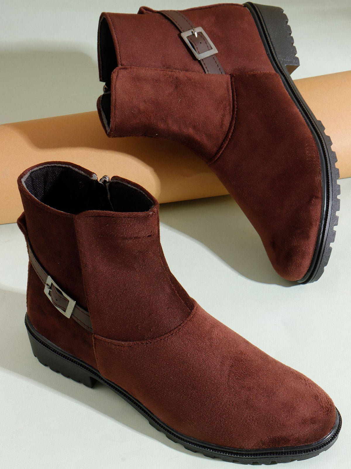 Brown Women's Suede Ankle Boots Side Zipper and Buckle Strap | BT61 - view 2