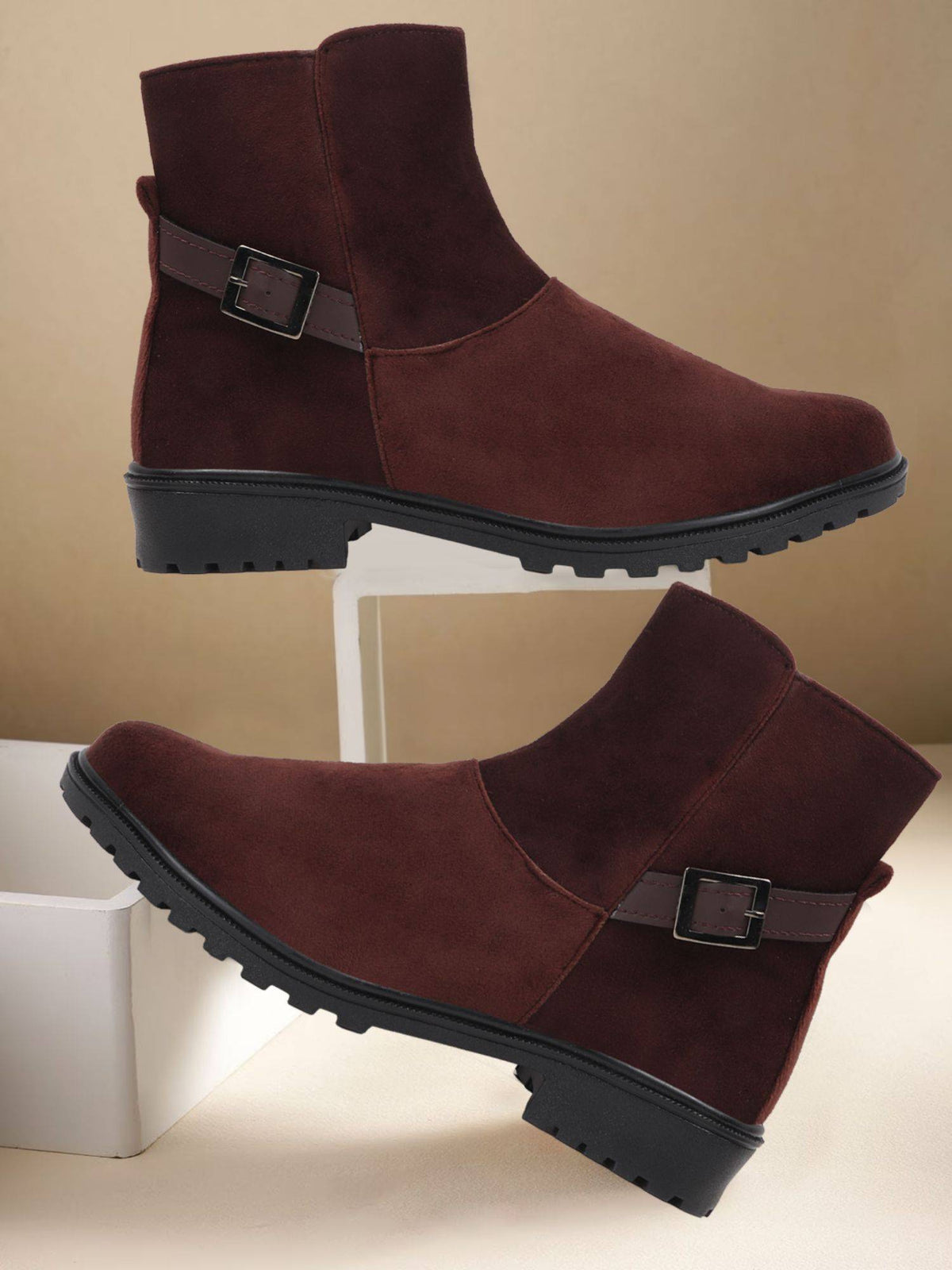 Brown Women's Suede Ankle Boots Side Zipper and Buckle Strap | BT61 - view 3