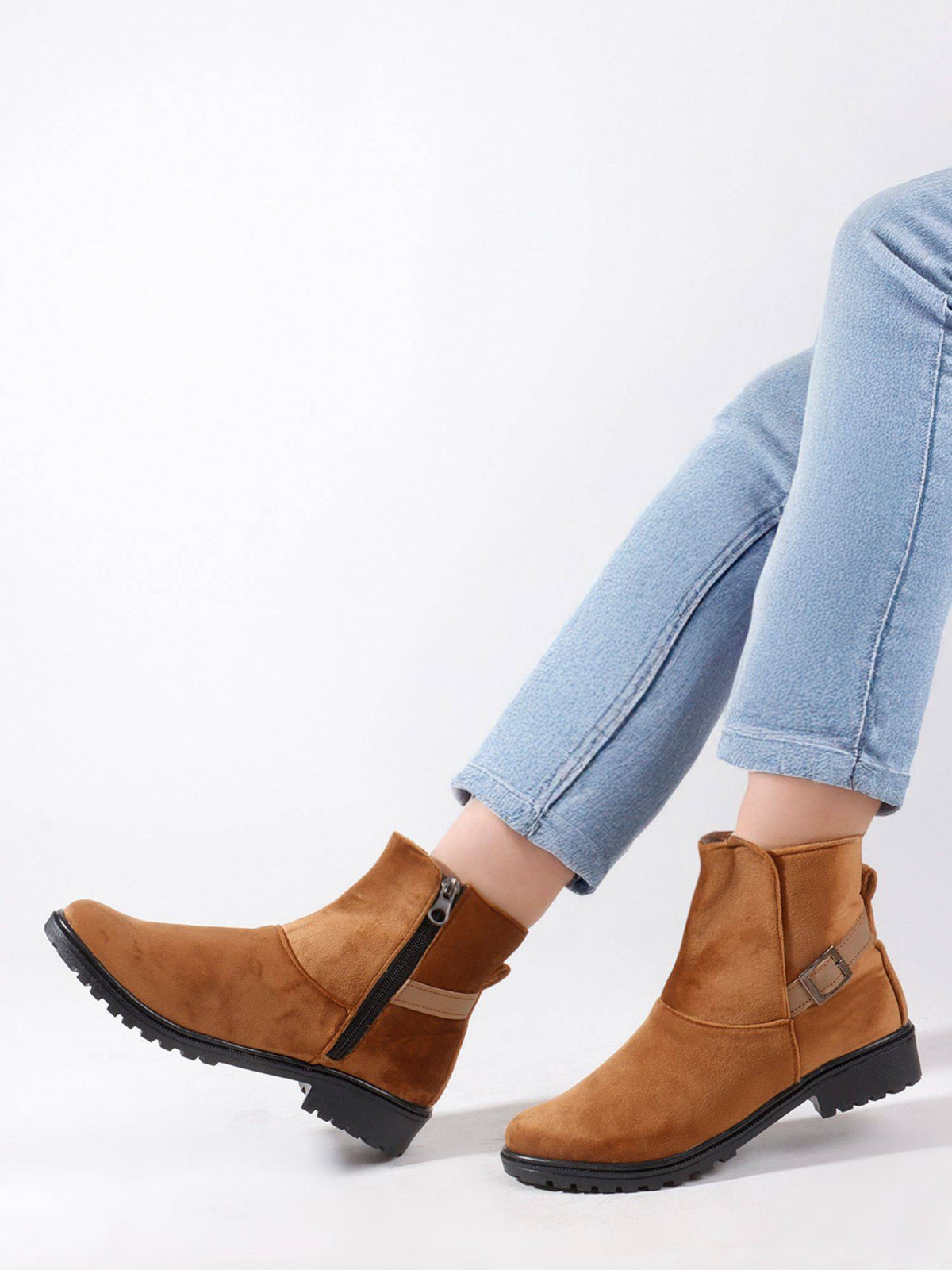Brown Women's Suede Ankle Boots Side Zipper and Buckle Strap | BT61 - view 18