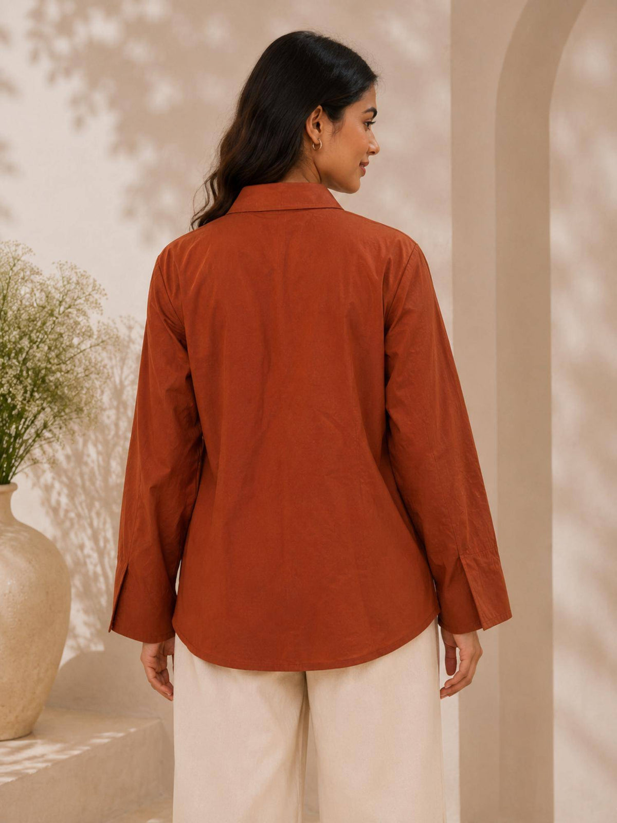 Cinnamon Brown Cotton Poplin Shirt with Braid Detailing | S67 - view 2
