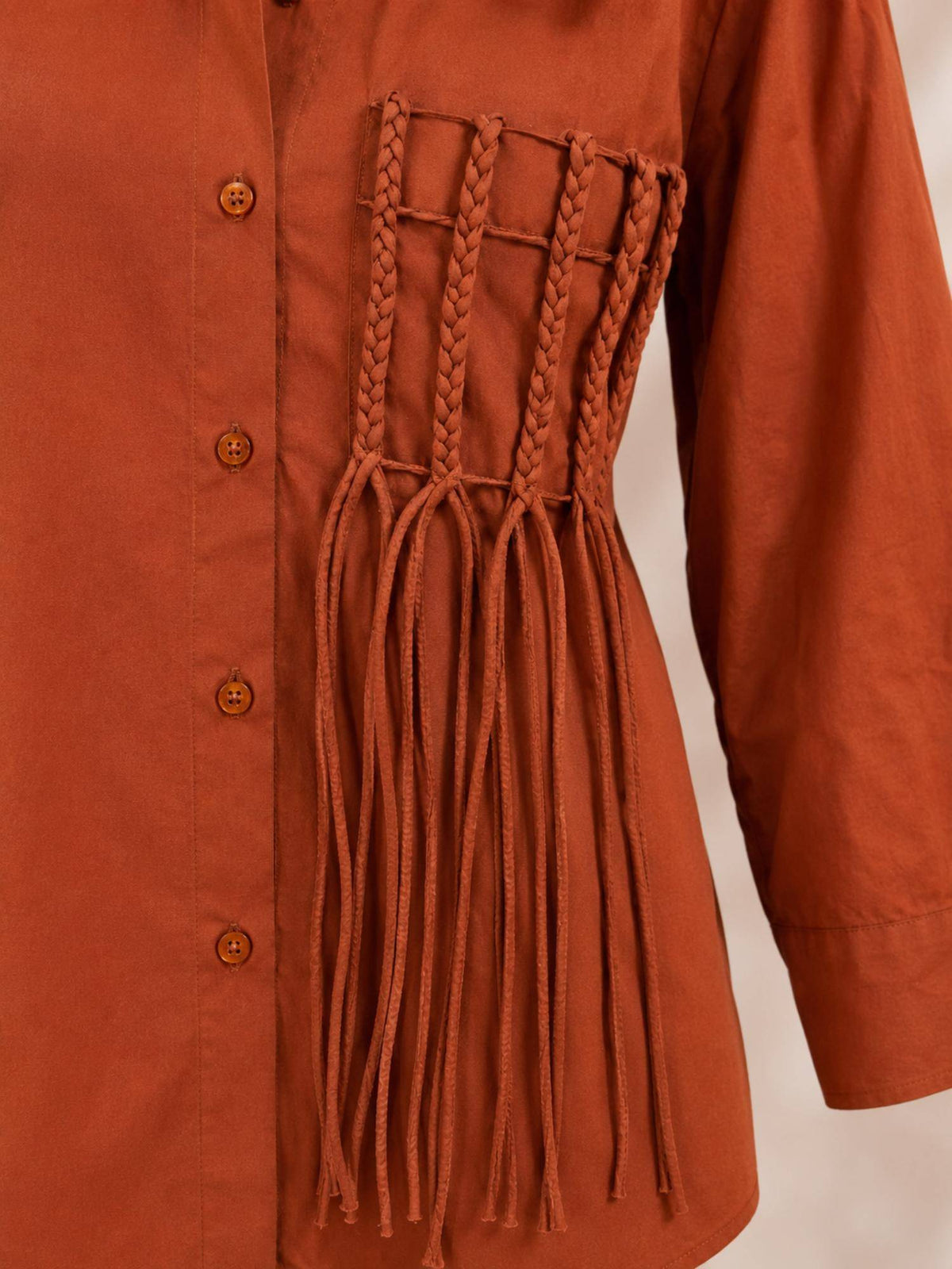 Cinnamon Brown Cotton Poplin Shirt with Braid Detailing | S67 - view 3