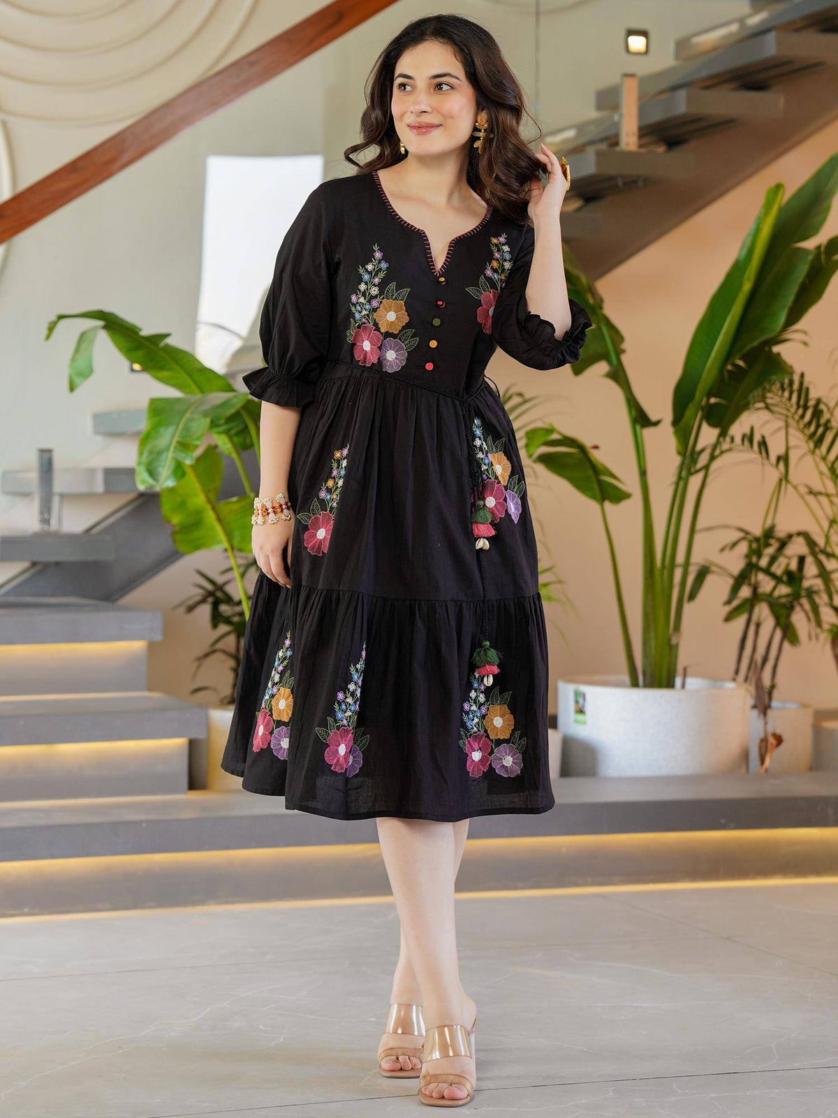 Black Embroidered Flared Midi Dress | D56 - view 1