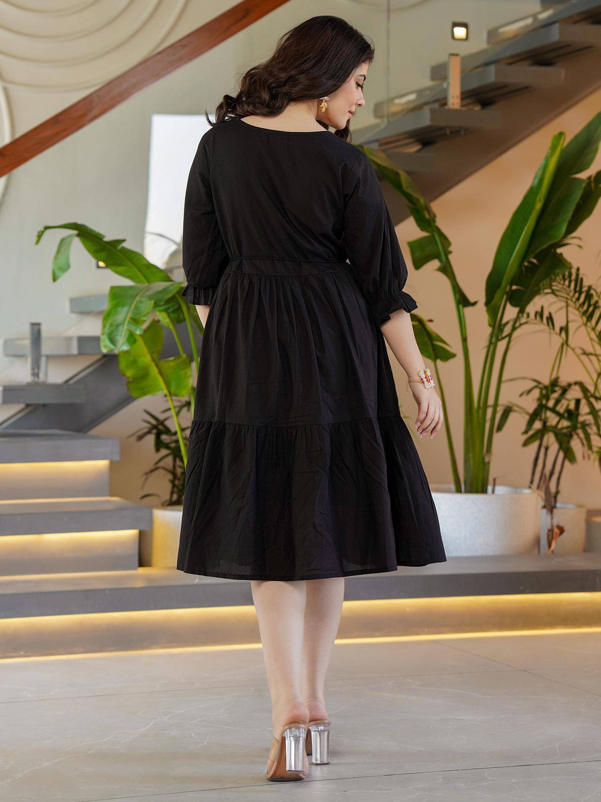 Black Embroidered Flared Midi Dress | D56 - view 2