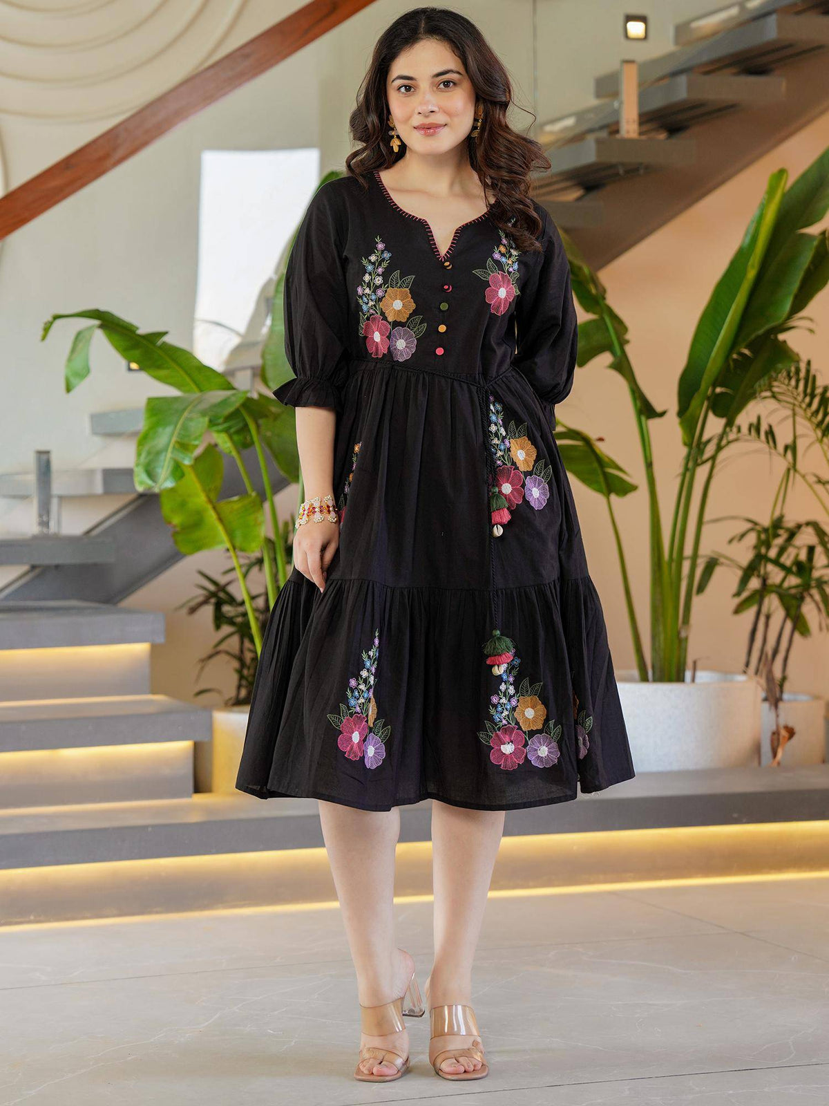 Black Embroidered Flared Midi Dress | D56 - view 3
