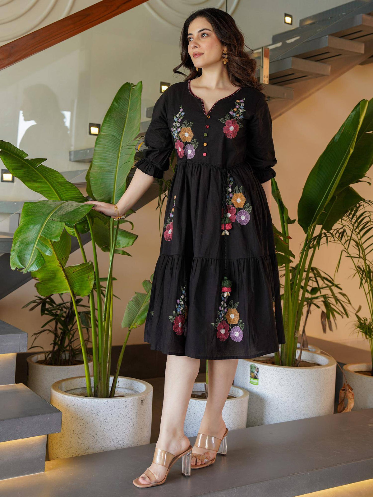Black Embroidered Flared Midi Dress | D56 - view 4
