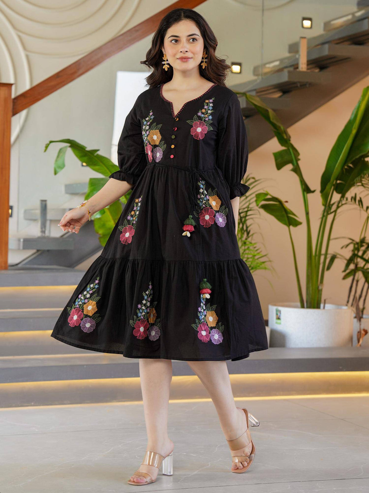 Black Embroidered Flared Midi Dress | D56 - view 5