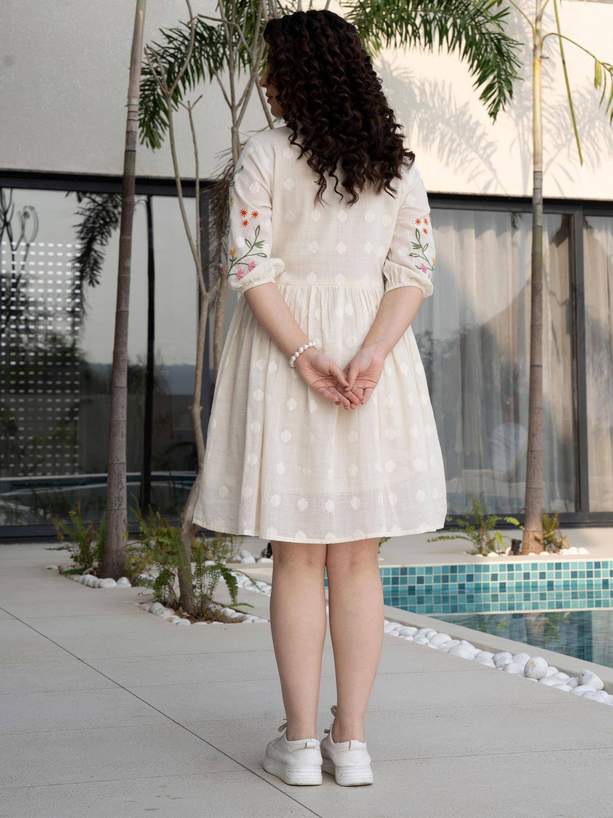 Off White Embroidered A-Line Knee Length Dress | D56 - view 2
