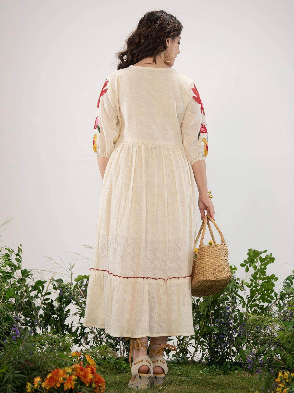 Off White Embroidered Flared Midi Dress | D56 - view 2