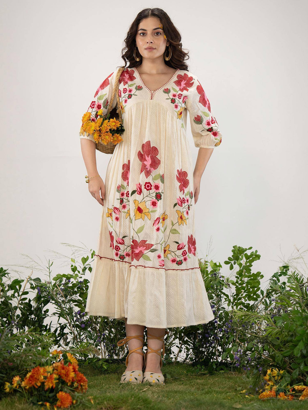 Off White Embroidered Flared Midi Dress | D56 - view 3