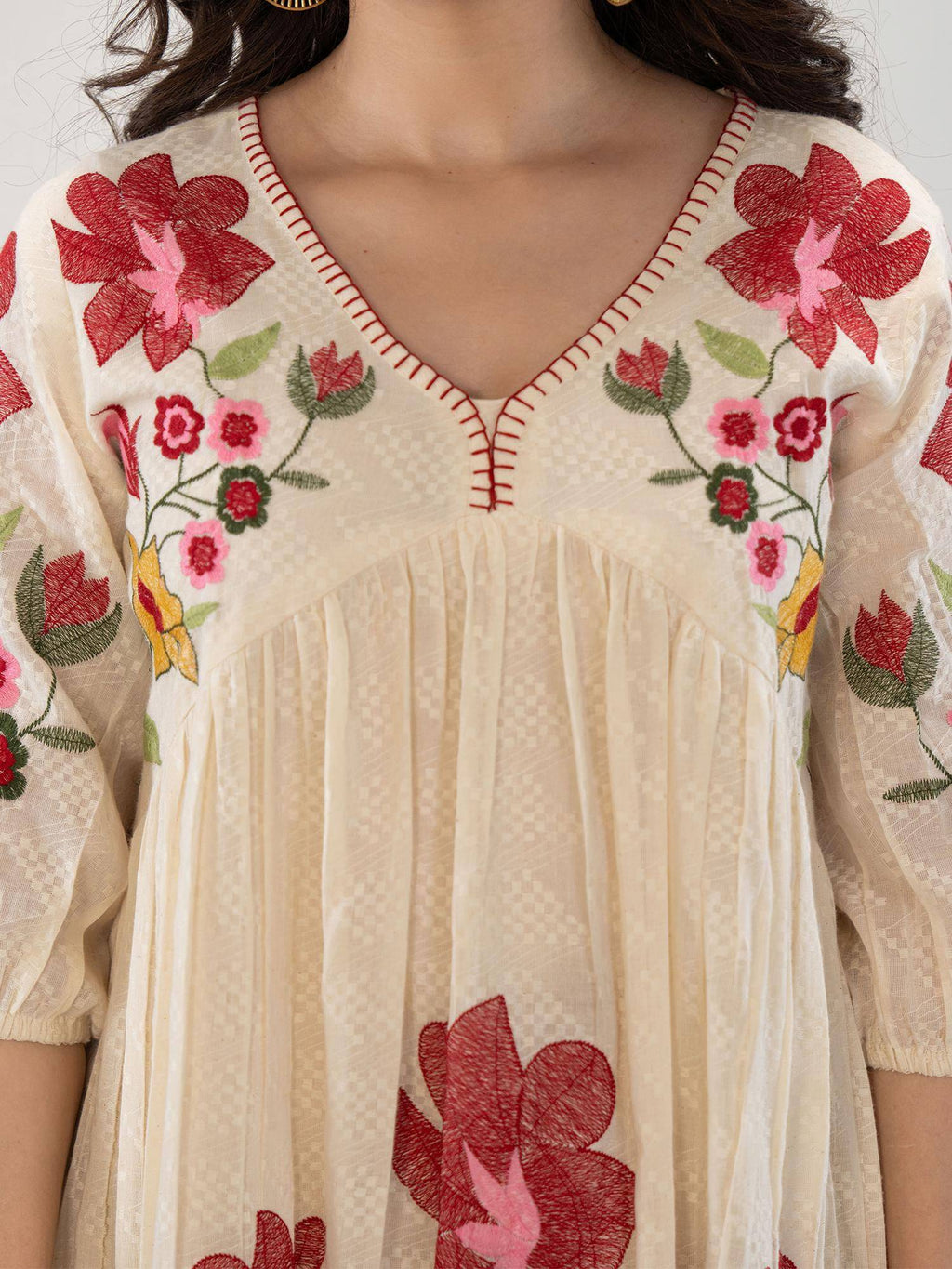 Off White Embroidered Flared Midi Dress | D56 - view 5
