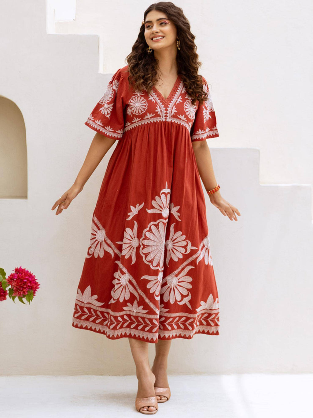 Red Embroidered A-Line Midi Dress | D56 - view 1
