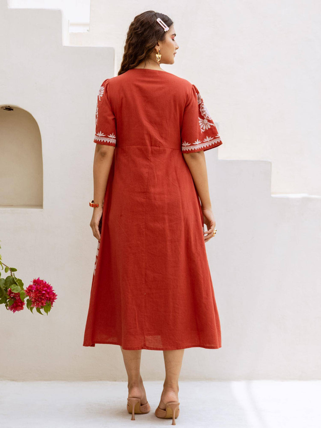 Red Embroidered A-Line Midi Dress | D56 - view 2