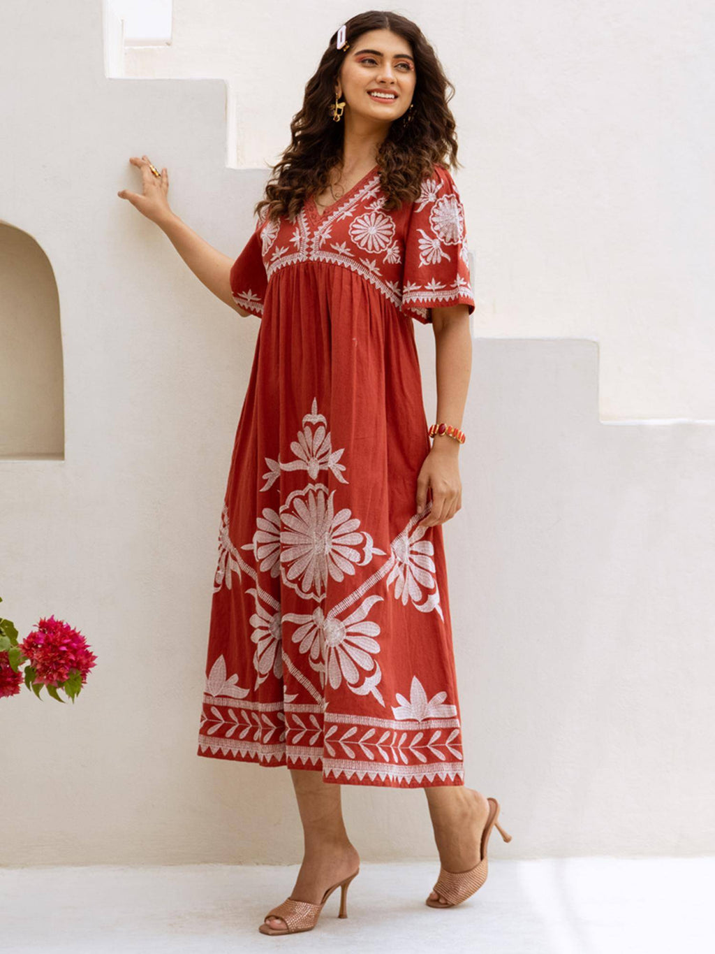 Red Embroidered A-Line Midi Dress | D56 - view 3