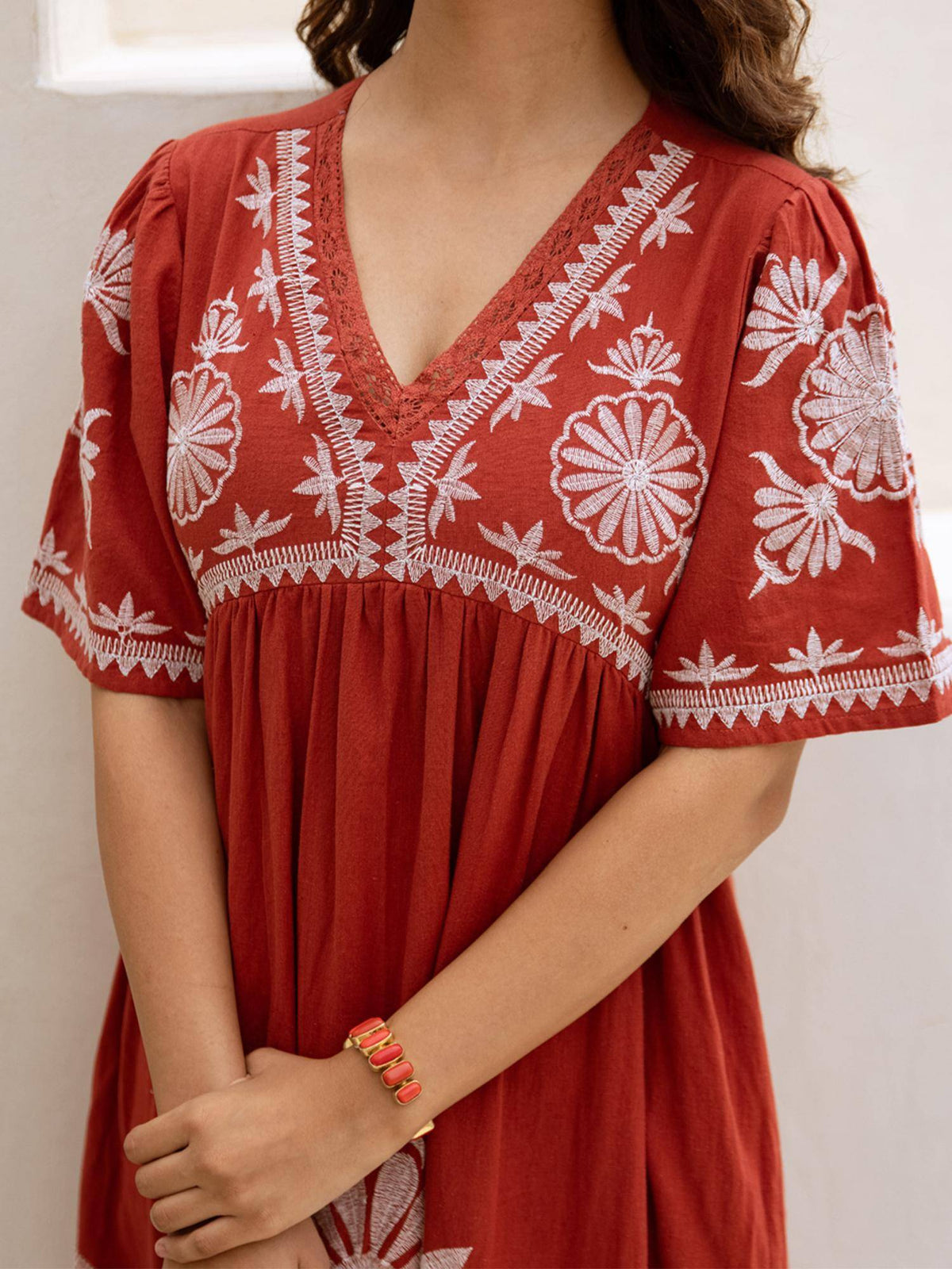 Red Embroidered A-Line Midi Dress | D56 - view 4