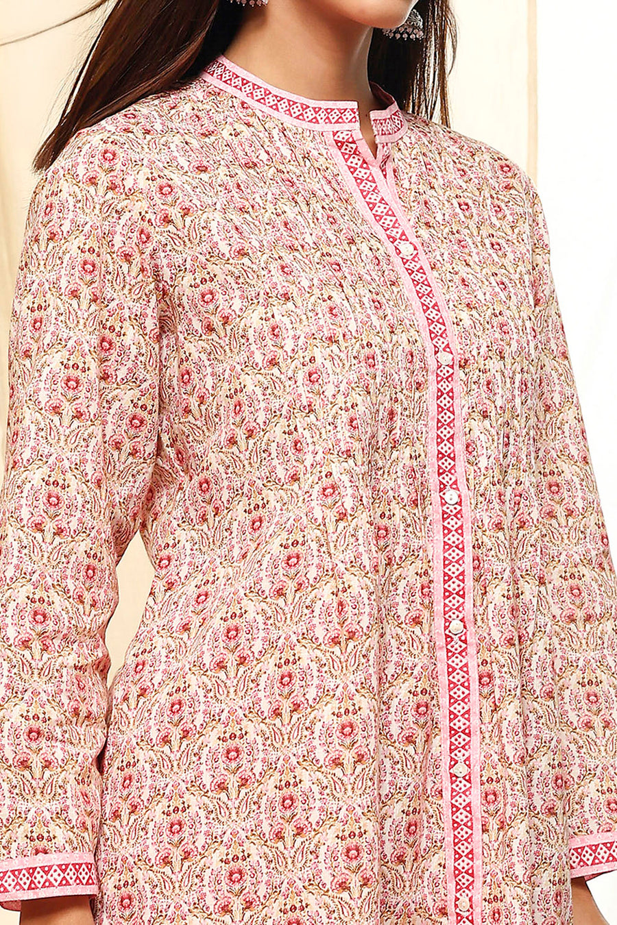 Pink Floral Cotton Shirt-Style Short Kurta K60