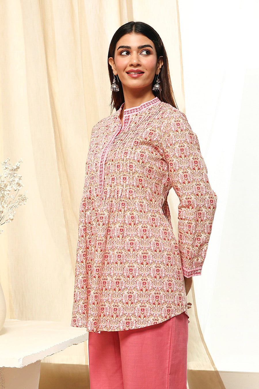 Pink Floral Cotton Shirt-Style Short Kurta K60