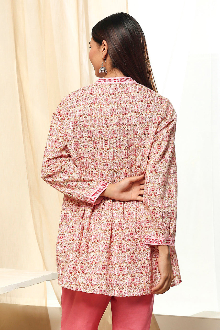 Pink Floral Cotton Shirt-Style Short Kurta K60
