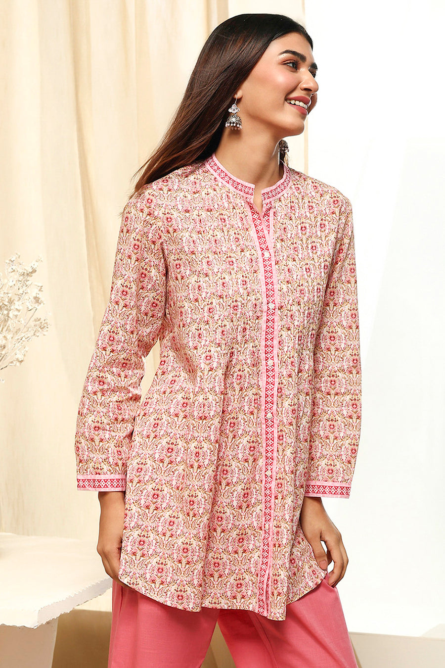 Pink Floral Cotton Shirt-Style Short Kurta K60