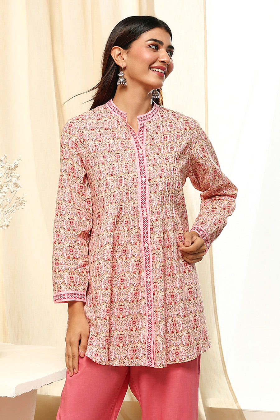 Pink Floral Cotton Shirt-Style Short Kurta K60
