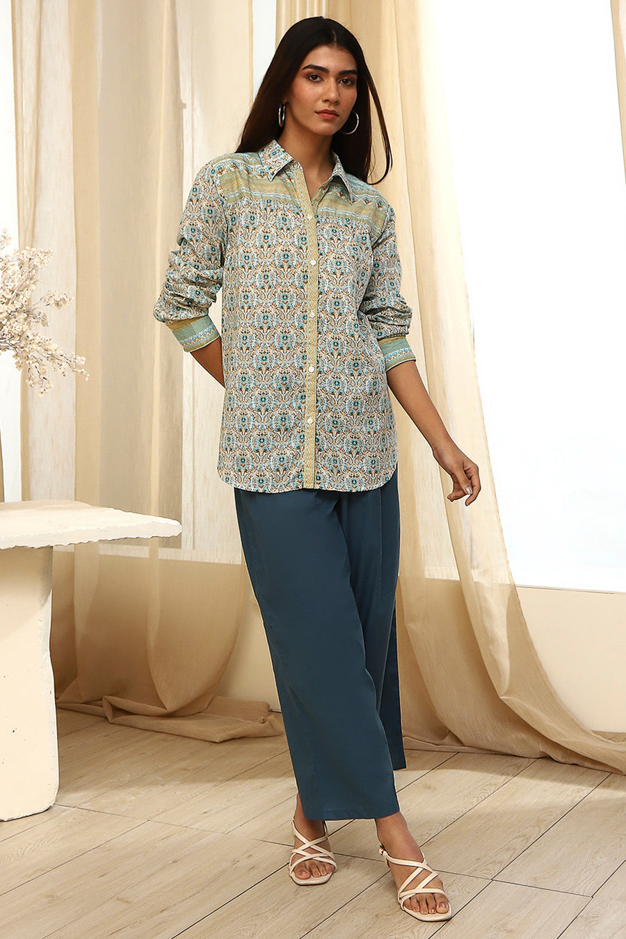 Blue Cotton Printed Straight Shirt K60