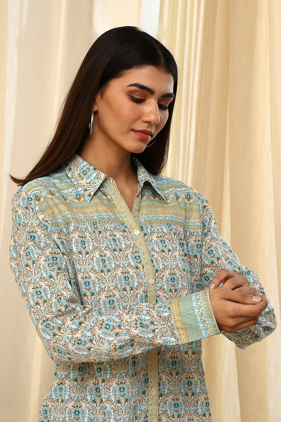 Blue Cotton Printed Straight Shirt K60