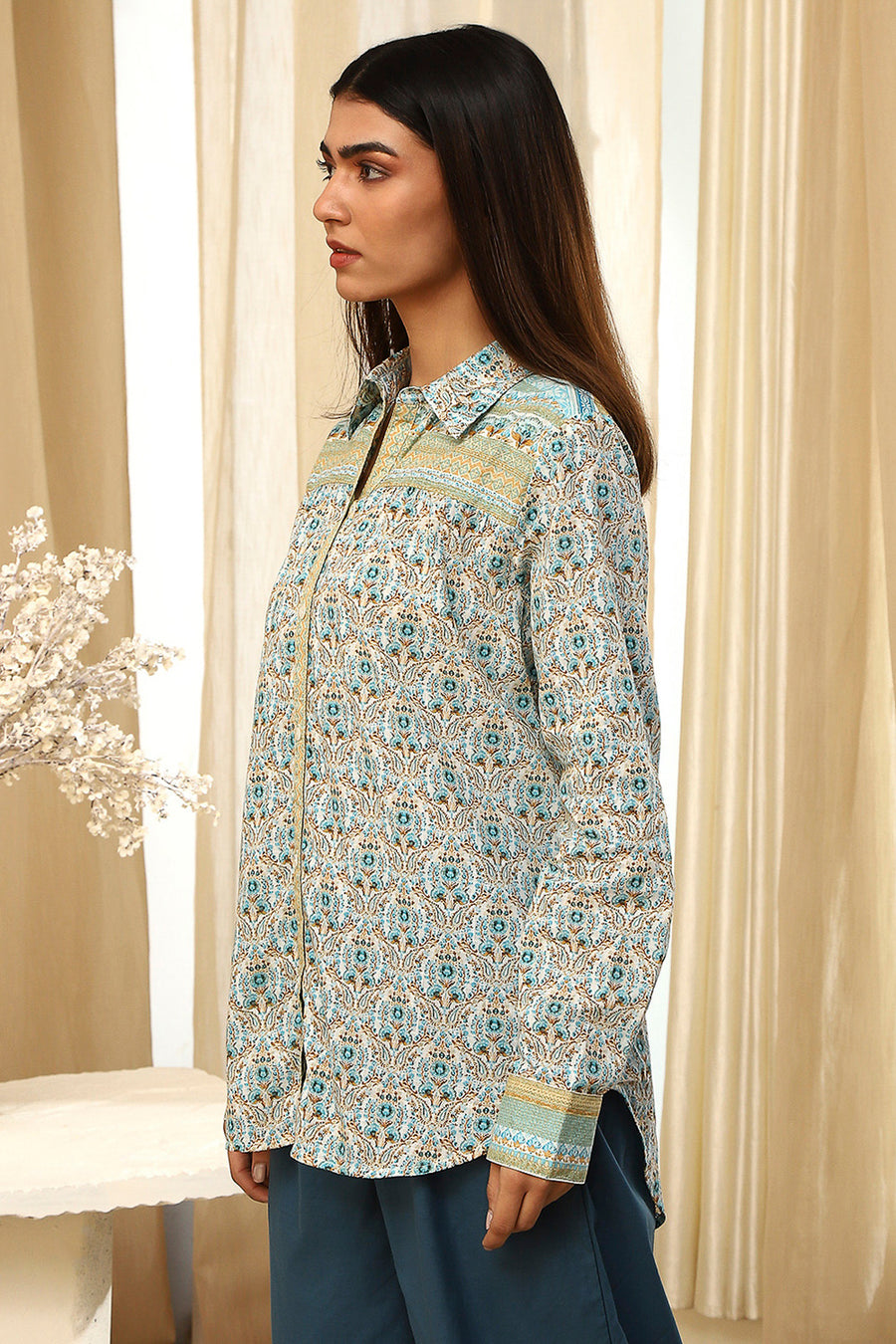 Blue Cotton Printed Straight Shirt K60