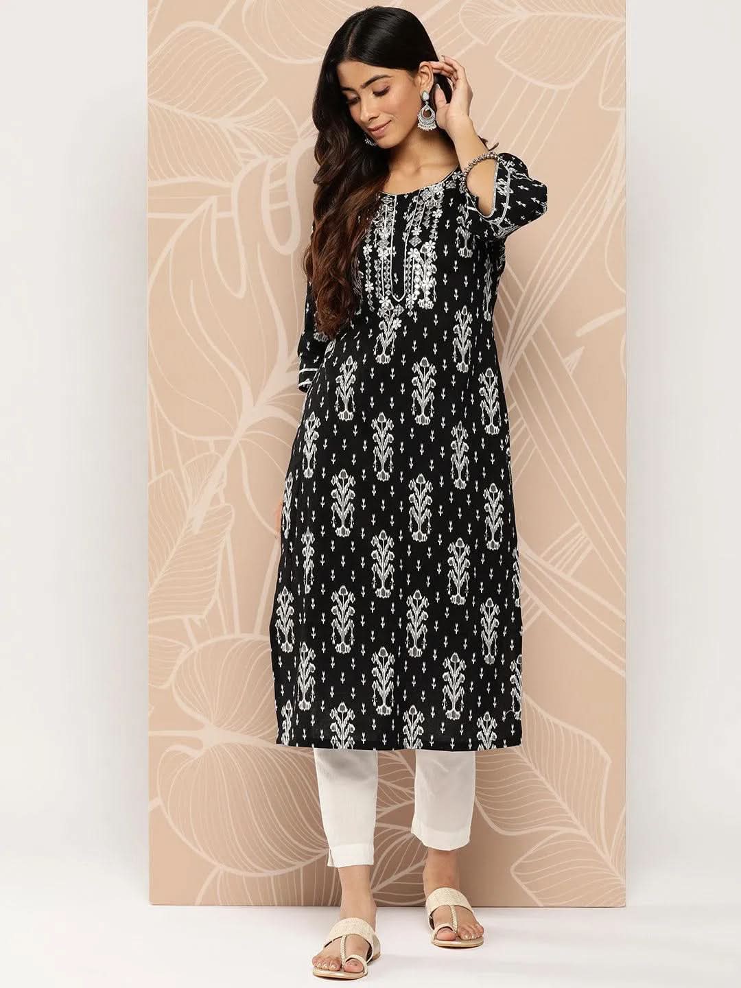 Libas Black Embellished Cotton Straight Kurta