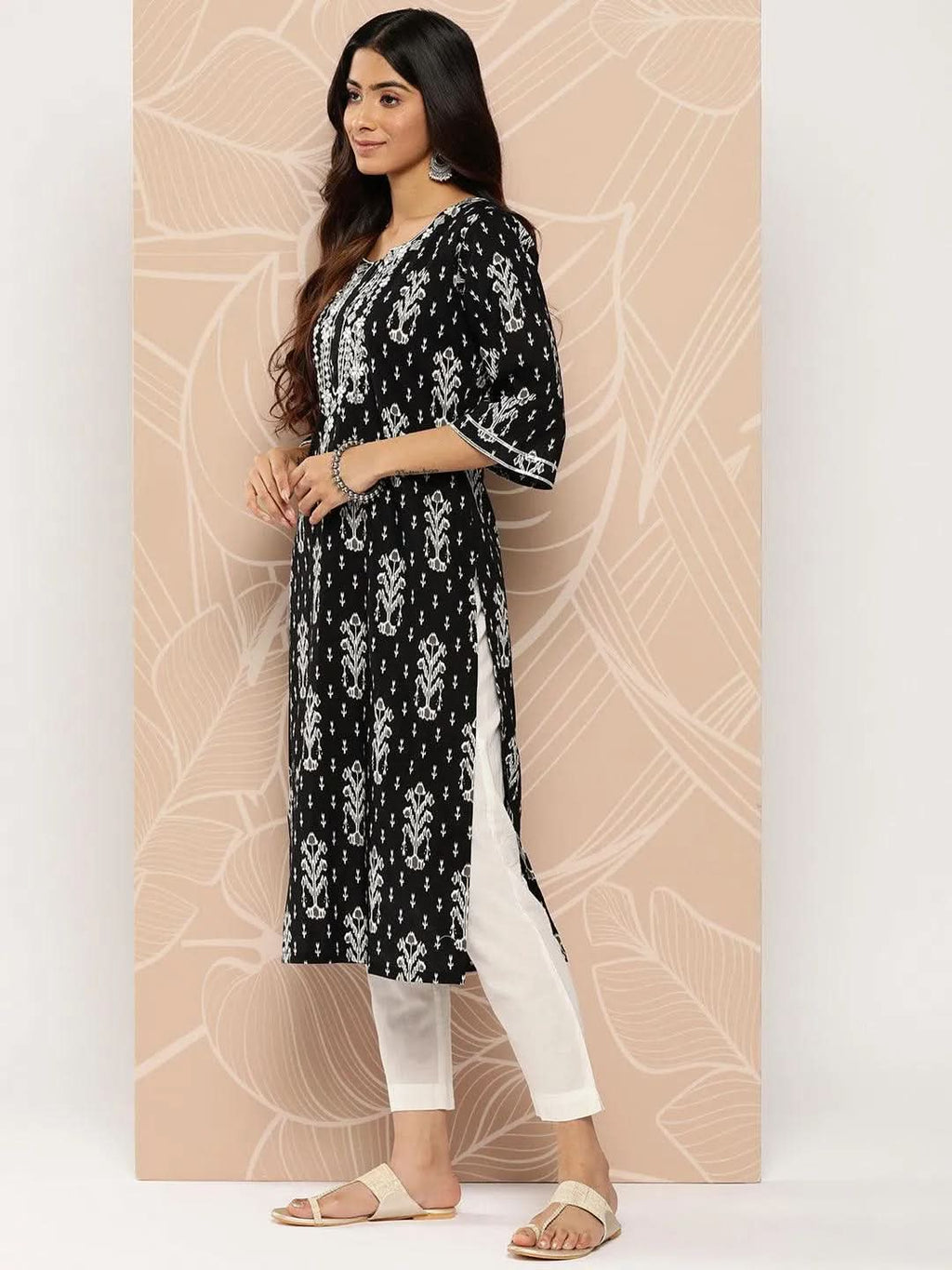 Libas Black Embellished Cotton Straight Kurta