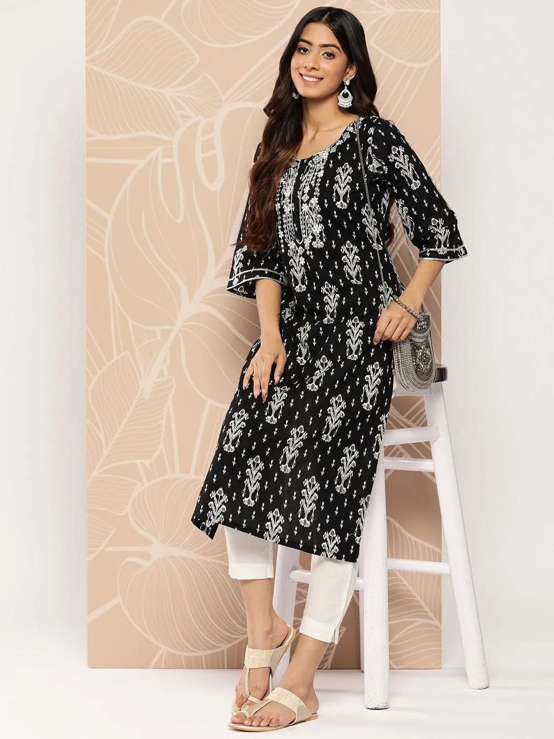 Libas Black Embellished Cotton Straight Kurta