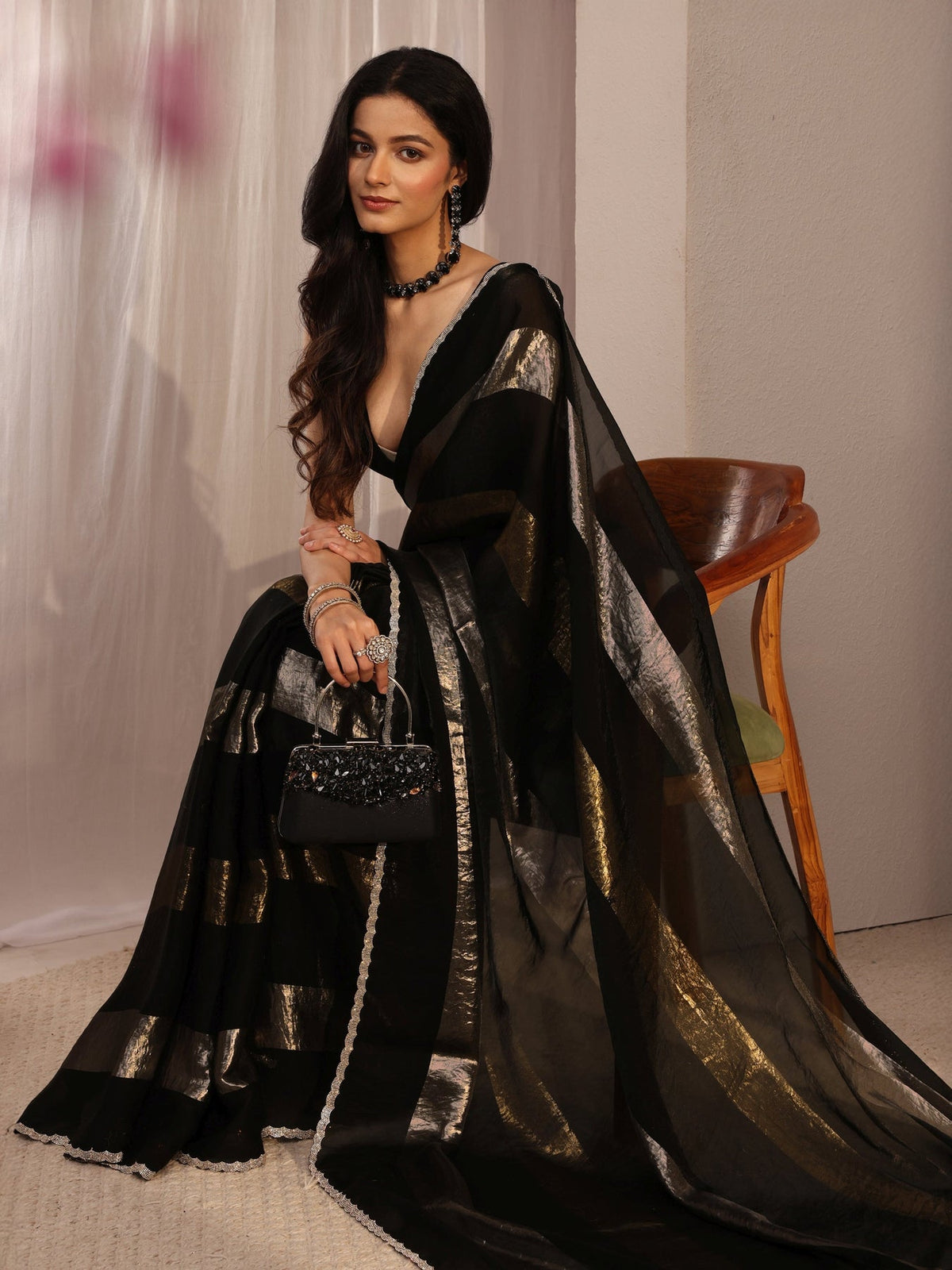 Libas Black Embellished Tissue Saree With Unstiched Blouse Piece S45