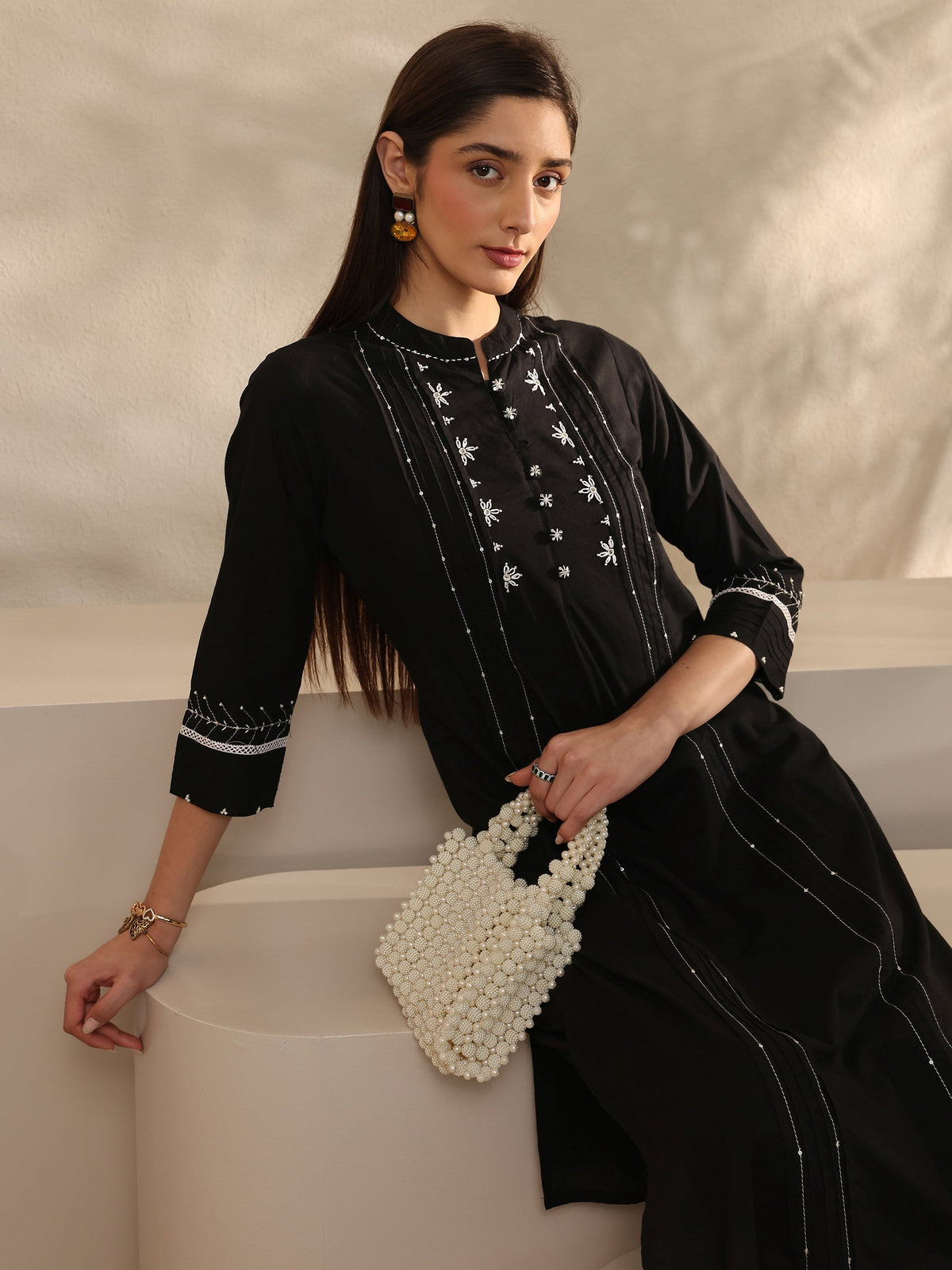 Libas Black Embroidered Cotton Straight Kurta Set