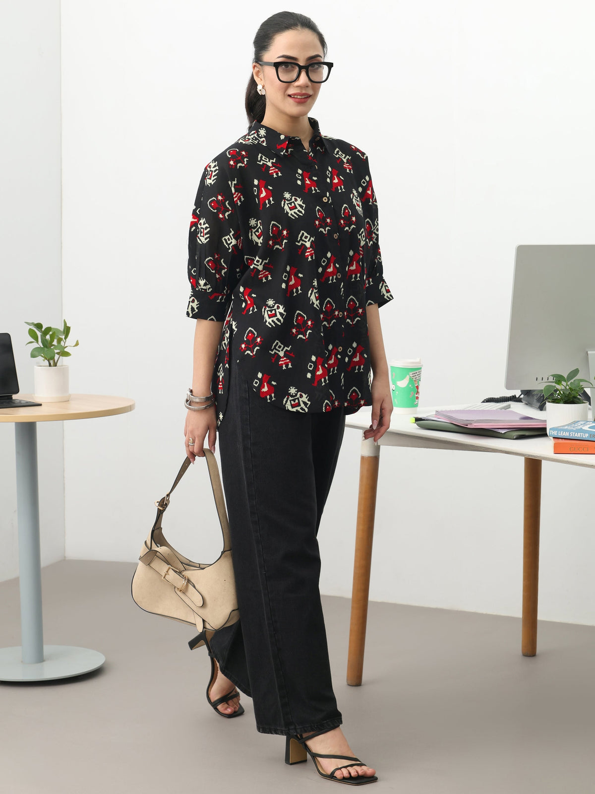 Gerua Black Ethnic Motifs Printed Cotton Blend Shirt